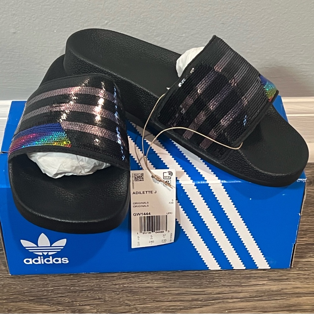 *NEW* Adidas Adilette J Black Slides with Multicolor Sequins